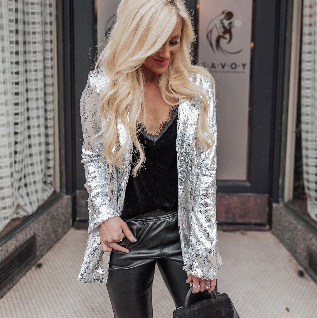 Glam Sequin Open Front Longline Blazer Jacket (Buy 2 Free Shipping)