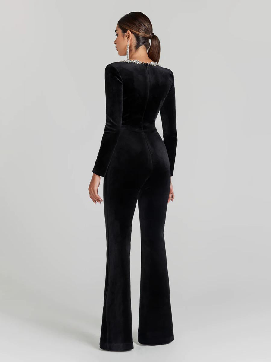 Rhinestone Square Neck Velvet Jumpsuits (Free Shipping)