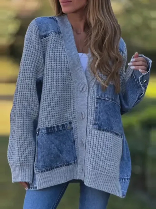 Cozy Patchwork Knit Denim Jacket with Pockets (Buy 2 Free Shipping)