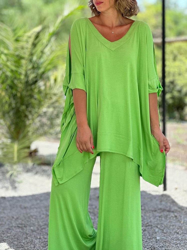 Flowy Cold Shoulder Loose Top Wide Leg Pants Two-Piece Set