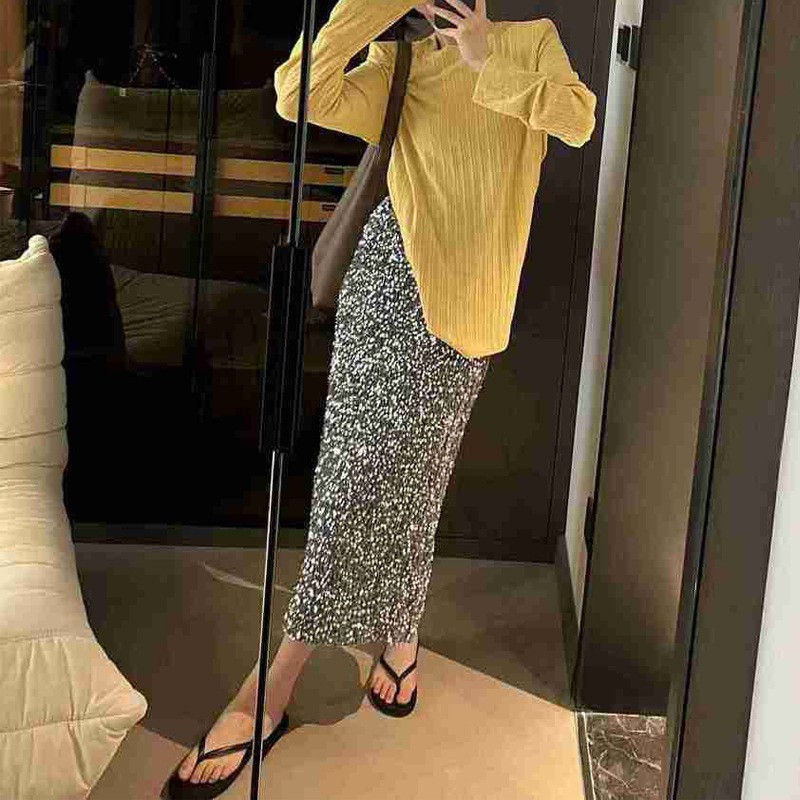 2025 European And American New Fashion High-Waist Slim Sequined Skirt For Women With Elastic Waist And Back Slit Stretch Straight Long Skirt