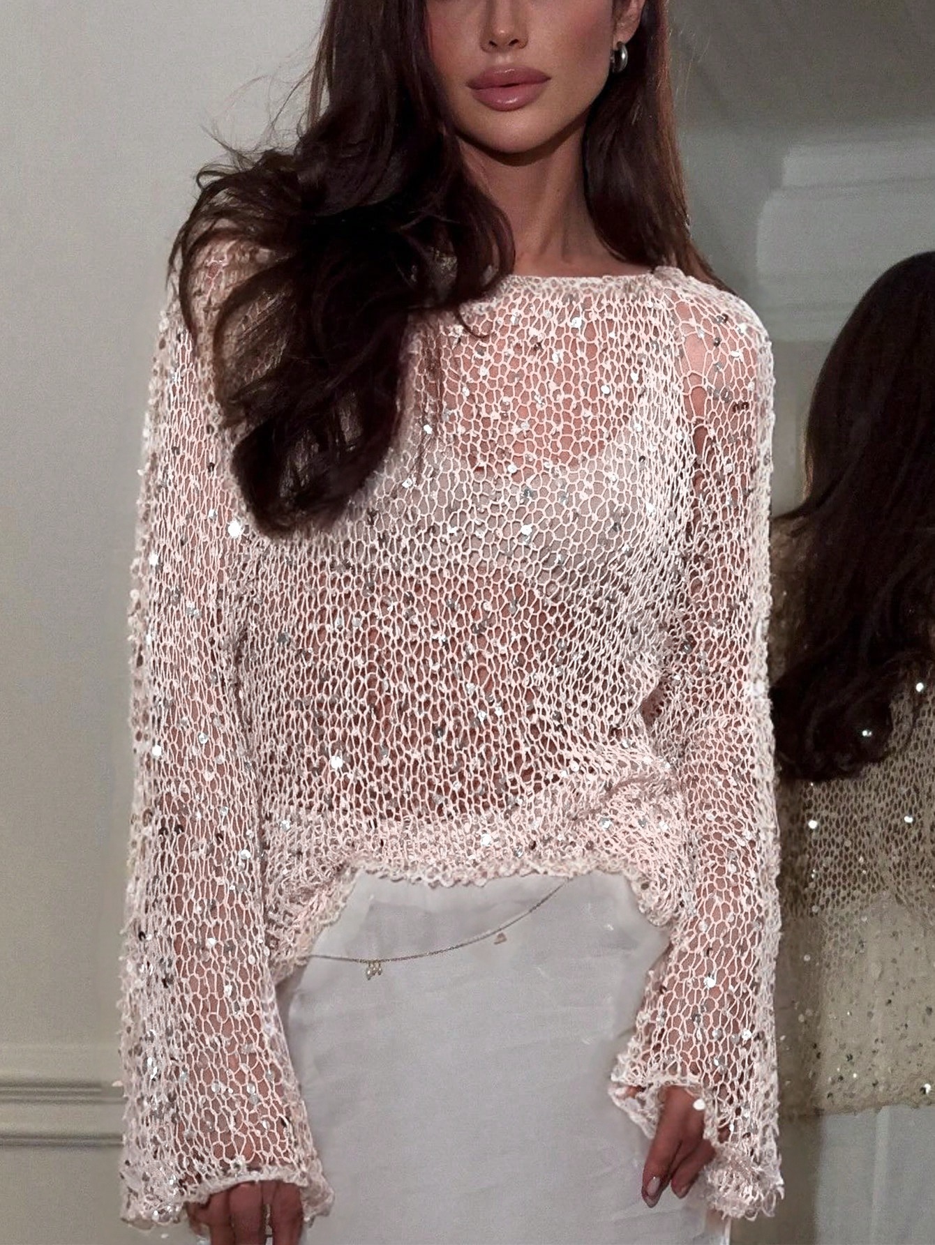 Loose Crochet Knit Bell Sleeve Sequin Top