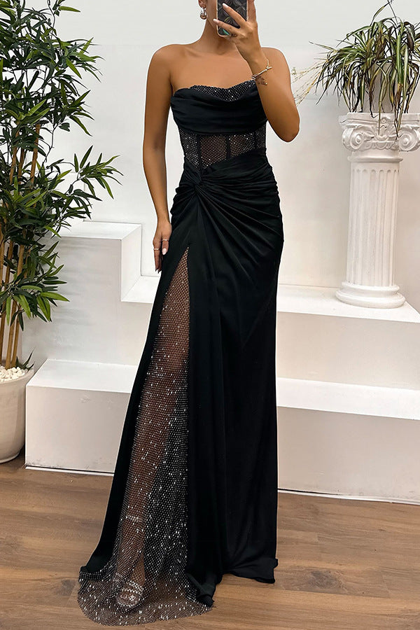 Satin Paneled Mesh Sequin Fabric Off Shoulder Ruched Drape Maxi Dress (Buy 2 Free Shipping)
