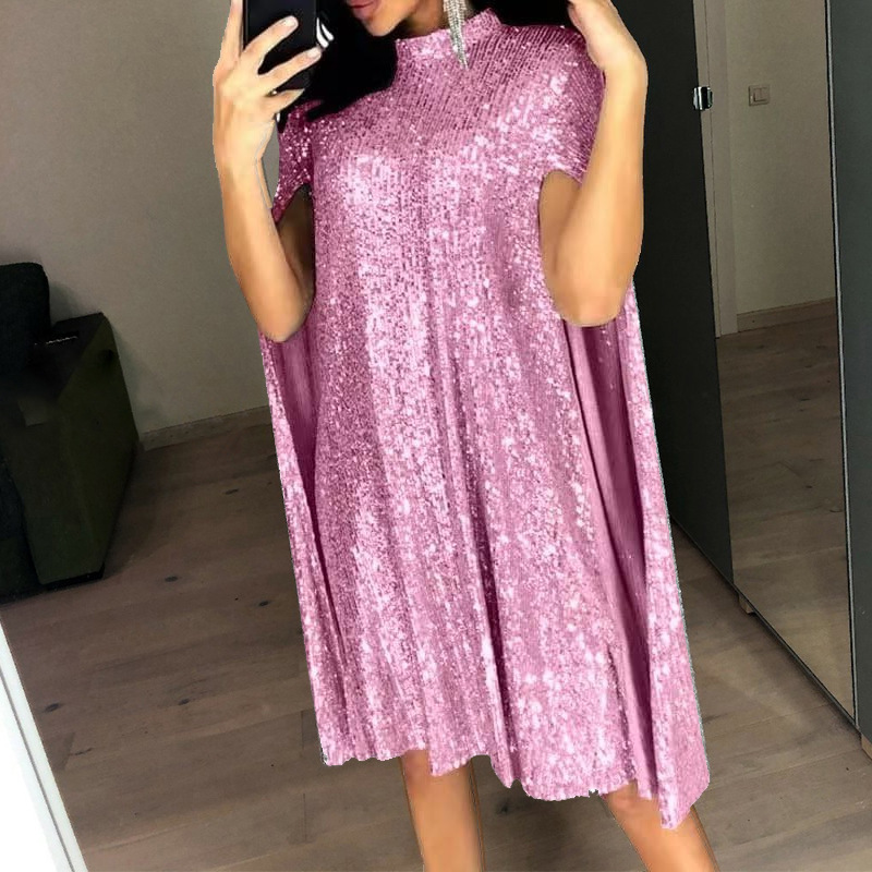 Elegant Sequin Cape Sleeve High Neck Dress (Buy 2 Free Shipping)