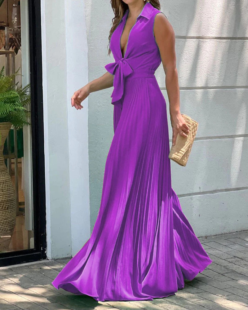 Elegant Pleated Tie Waist Wide-Leg Jumpsuit (Buy 2 Free Shipping)