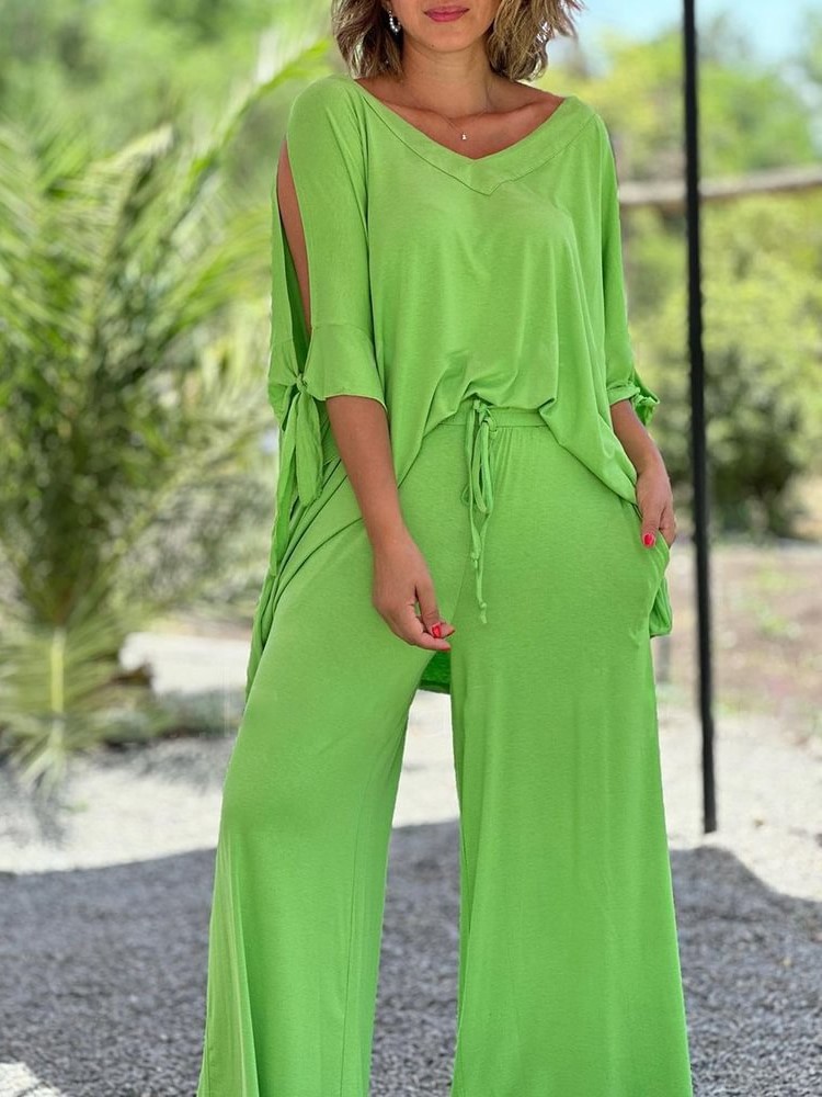 Flowy Cold Shoulder Loose Top Wide Leg Pants Two-Piece Set