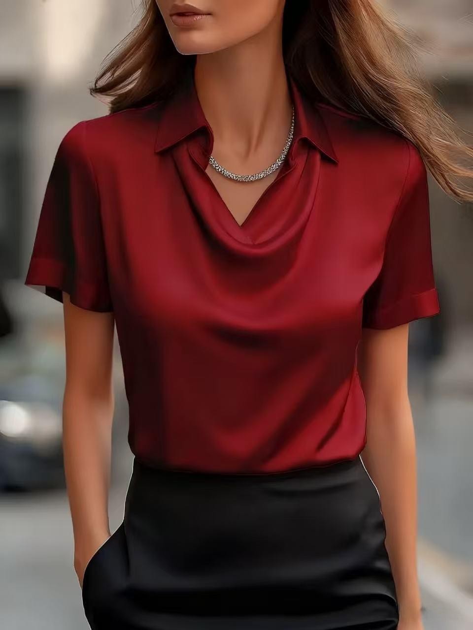 Elegant Cowl Neck Satin Blouse Long Sleeve Draped Top (Buy 2 Free Shipping)