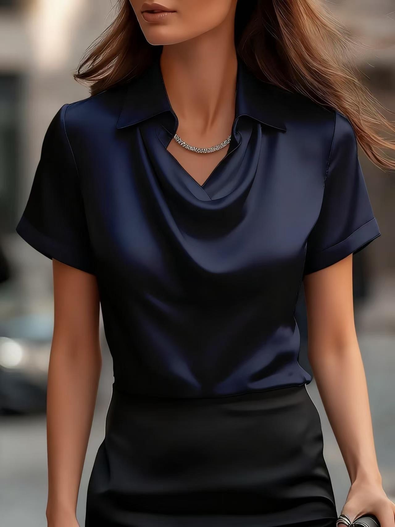 Elegant Cowl Neck Satin Blouse Long Sleeve Draped Top (Buy 2 Free Shipping)