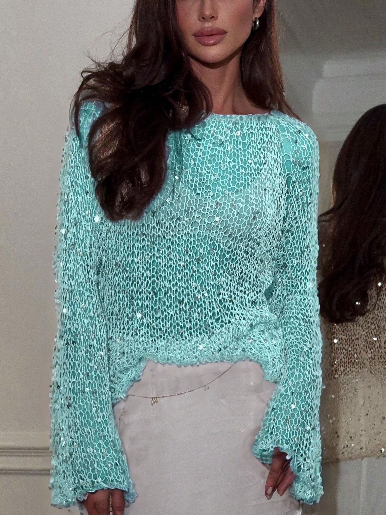 Loose Crochet Knit Bell Sleeve Sequin Top