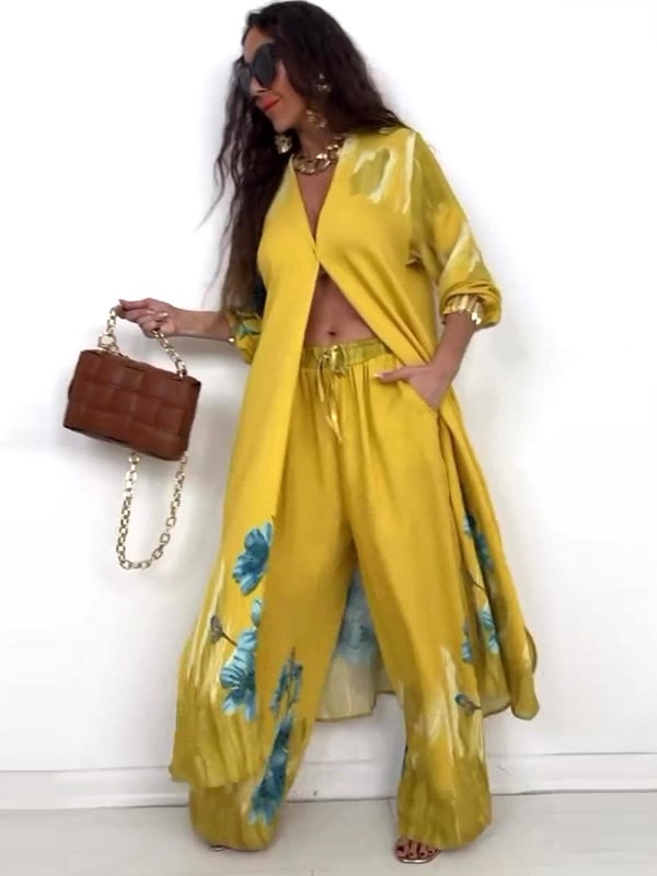 Elegant Watercolor Floral Longline Top Wide Leg Set