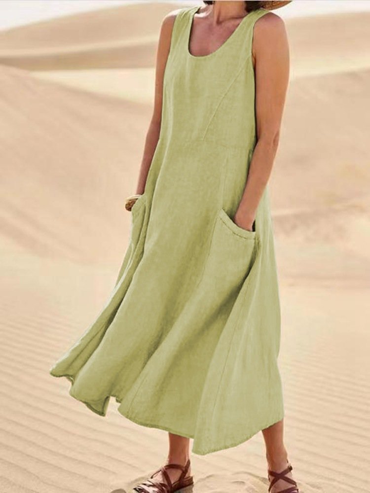 Casual Loose Fit Linen Pocket Midi Dress