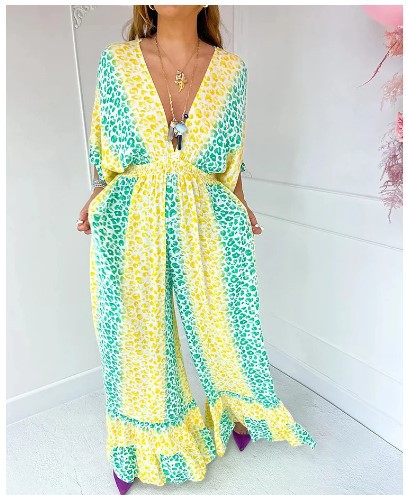 Leopard V-Neck Ruffle Wide-Leg Jumpsuit