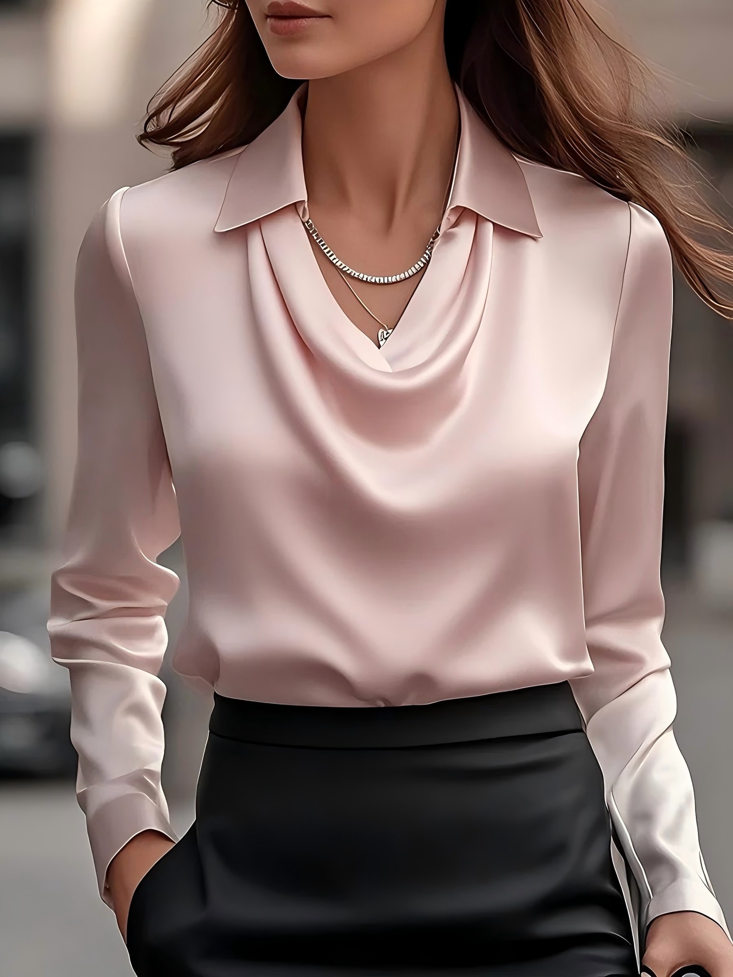 Elegant Cowl Neck Satin Blouse Long Sleeve Draped Top (Buy 2 Free Shipping)