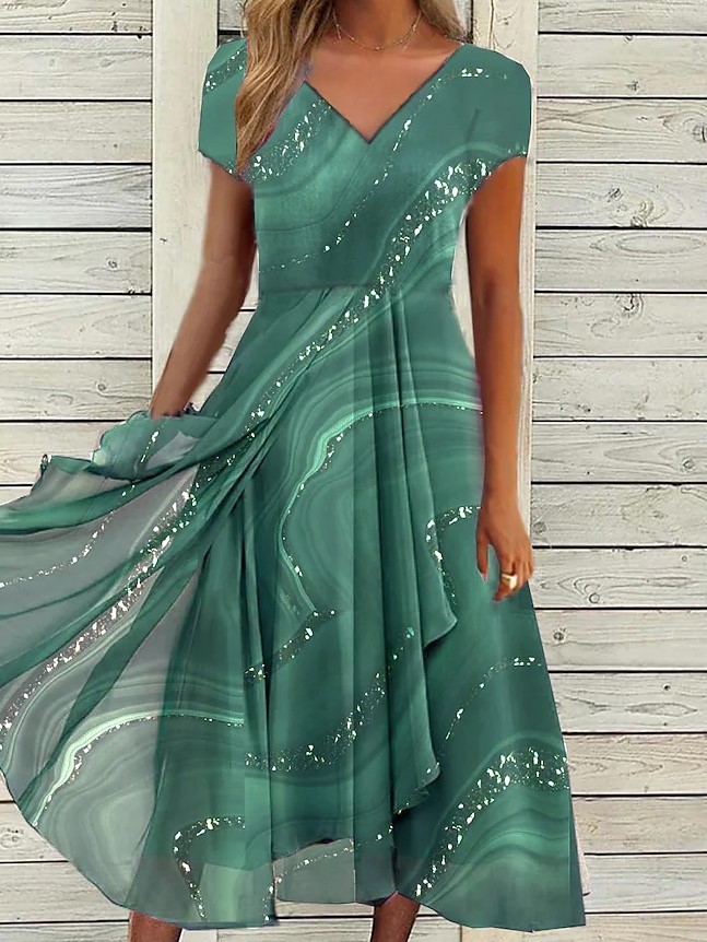 Elegant V-Neck Flowing Marble Print Midi Dress