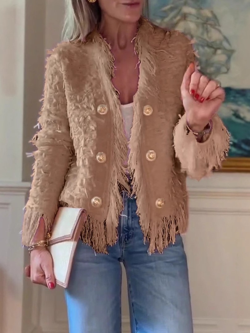 Elegant Fringe Trim Gold Button Tweed Jacket (Buy 2 Free Shipping)