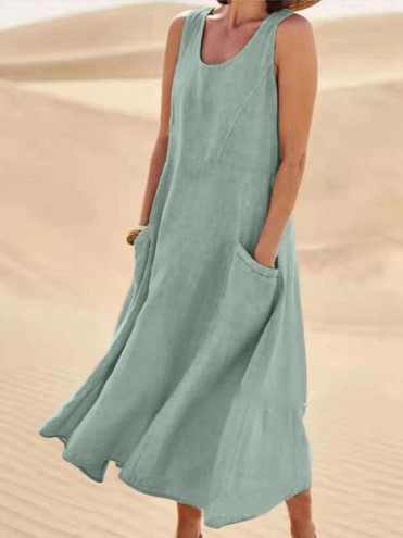 Casual Loose Fit Linen Pocket Midi Dress