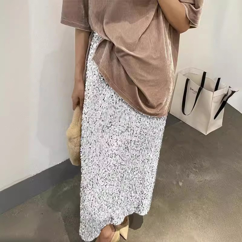 2025 European And American New Fashion High-Waist Slim Sequined Skirt For Women With Elastic Waist And Back Slit Stretch Straight Long Skirt