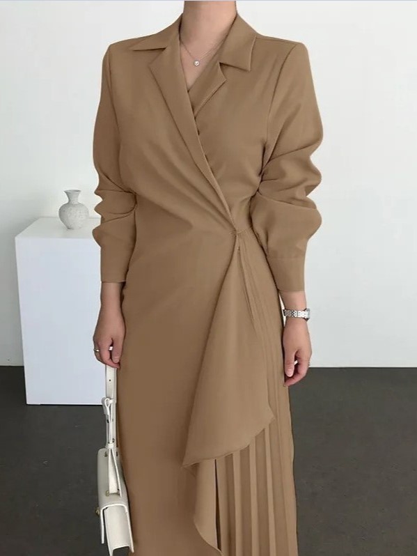 Elegant Shirt Collar Draped Waist Pleated Hem Maxi Dress (Buy 2 Free Shipping)