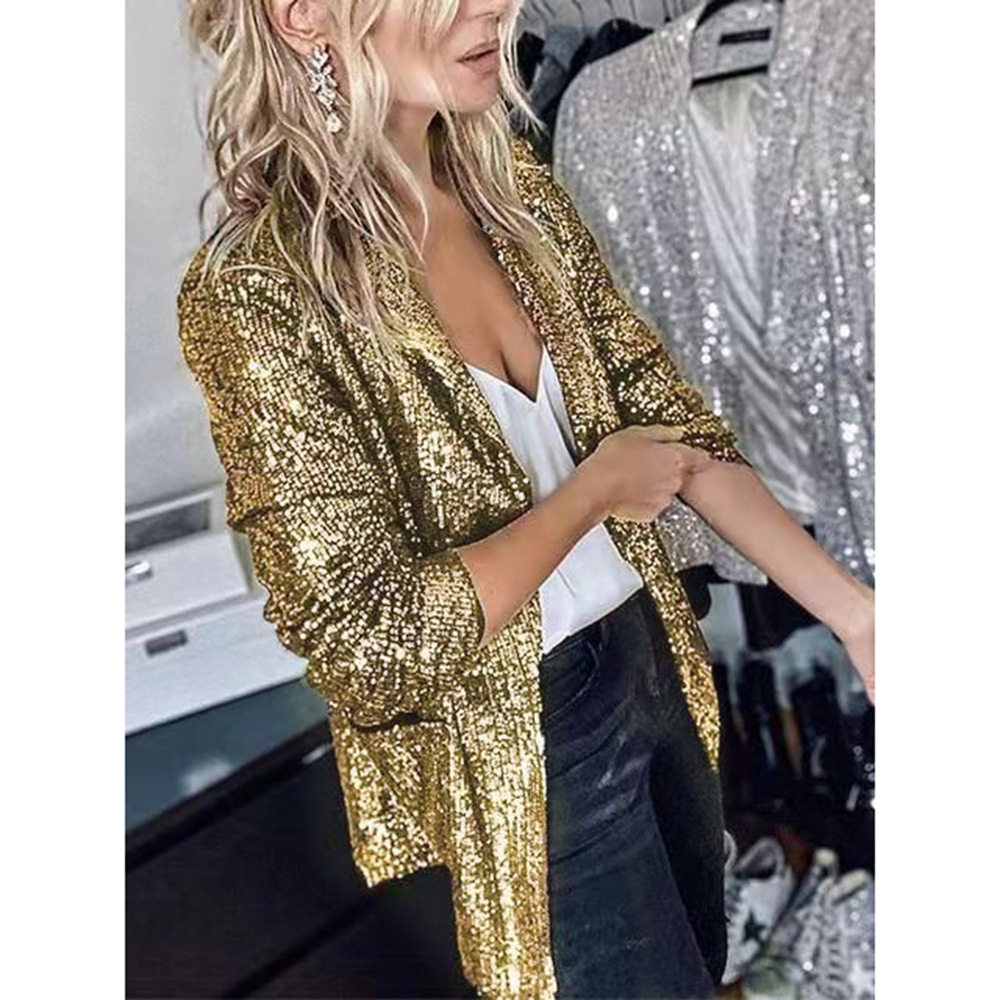 Glam Sequin Open Front Longline Blazer Jacket (Buy 2 Free Shipping)