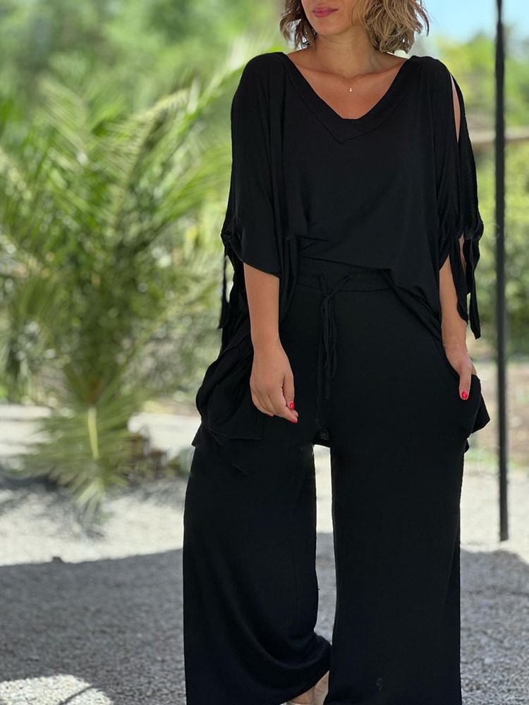 Flowy Cold Shoulder Loose Top Wide Leg Pants Two-Piece Set