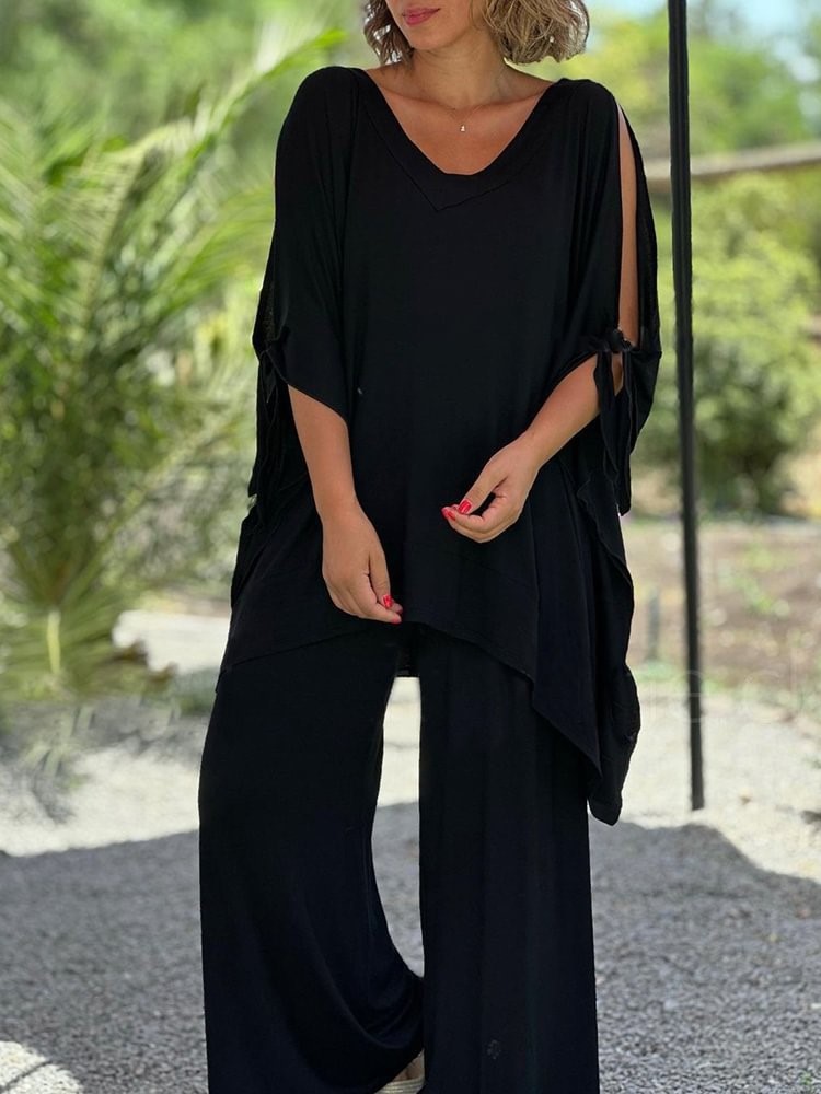 Flowy Cold Shoulder Loose Top Wide Leg Pants Two-Piece Set