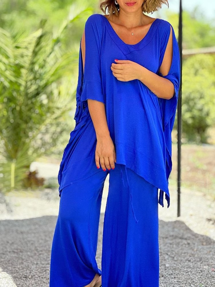 Flowy Cold Shoulder Loose Top Wide Leg Pants Two-Piece Set