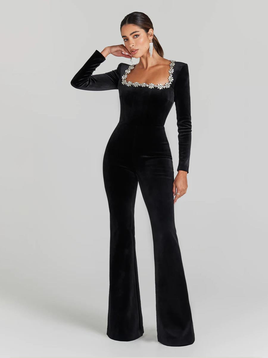 Rhinestone Square Neck Velvet Jumpsuits (Free Shipping)