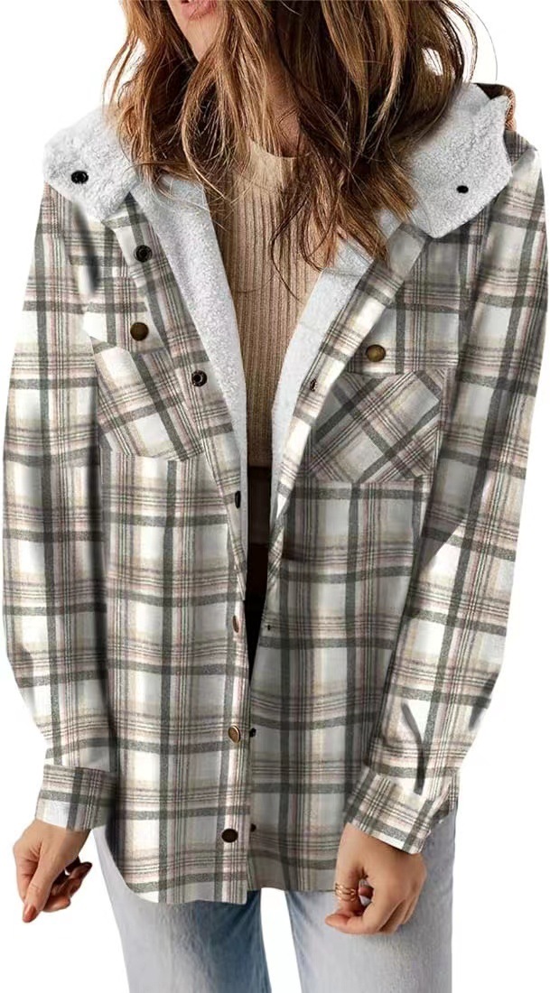 Fall Thickened Flannel Long Sleeve Plaid Jacket Coat with Hood (Buy 2 Free Shipping)