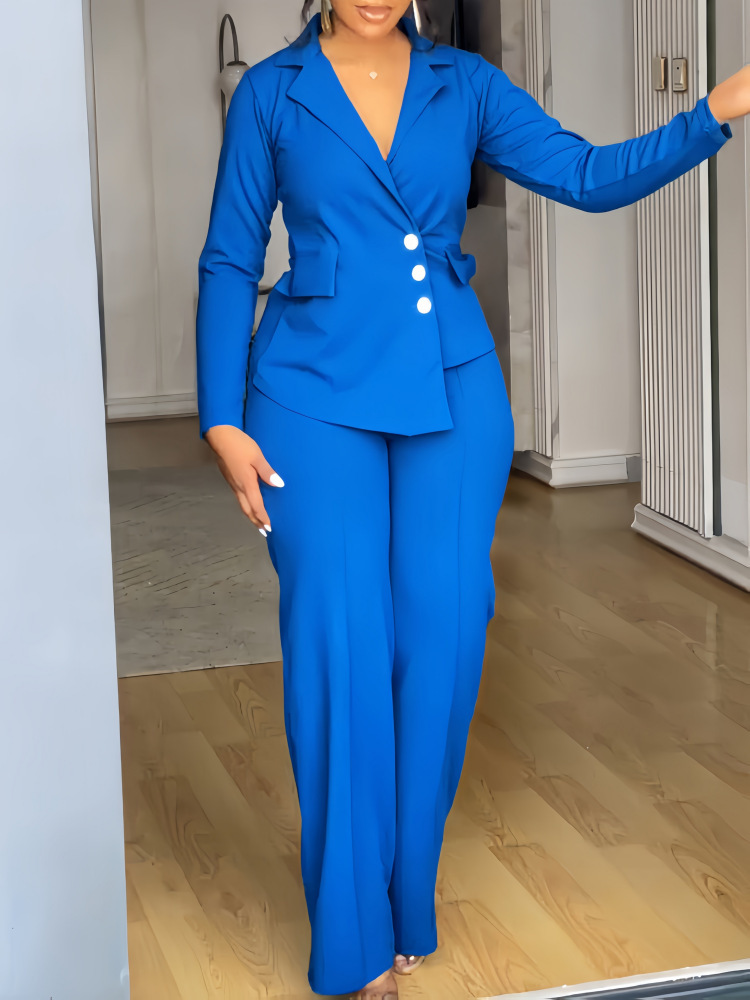 Elegant Blazer & Wide Leg Pants Set with Structured Waist and Asymmetric Hem (Buy 2 Free Shipping)