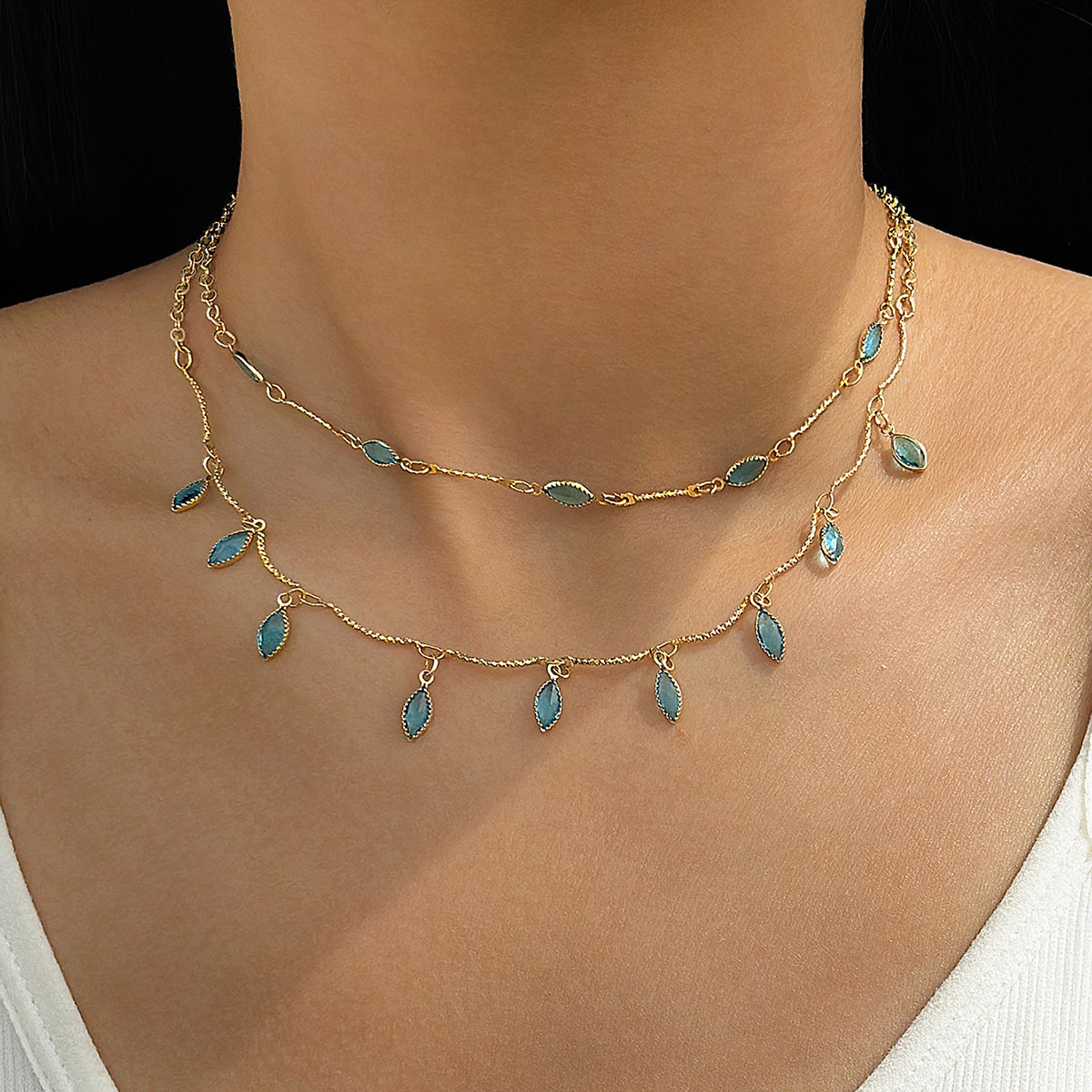 Gold Plated Water Drop Double Chain Necklace