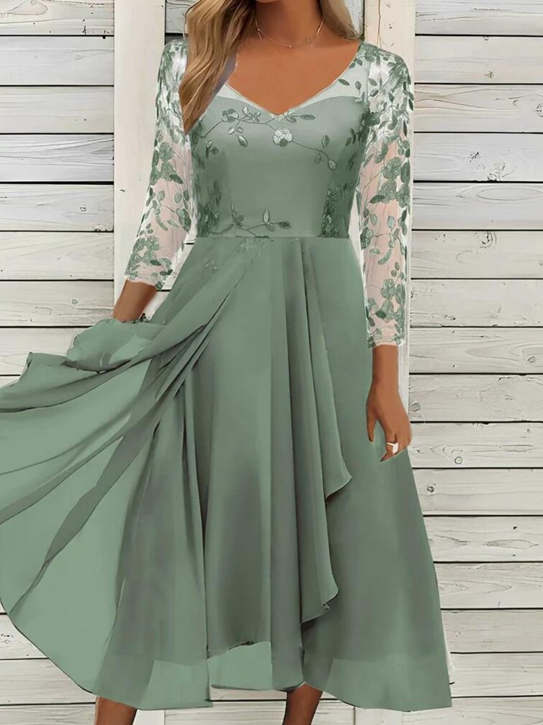 Elegant Floral Embroidered V Neck Midi Dress (Buy 2 Free Shipping)