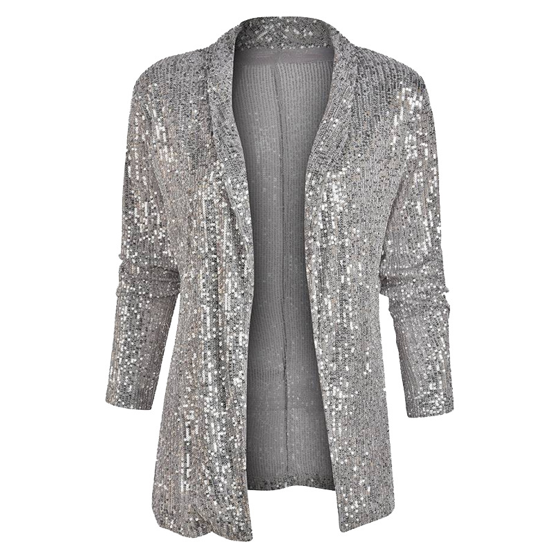 Elegant Sequin Shawl Collar Open Front Blazer Jacket (Buy 2 Free Shipping)
