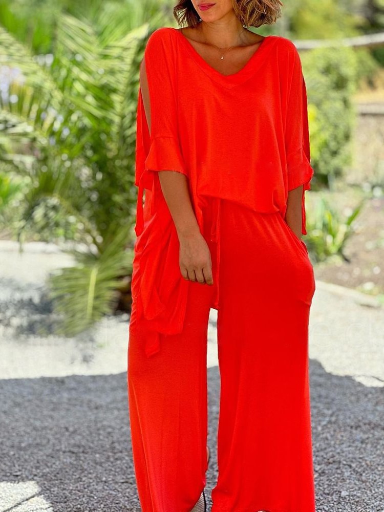 Flowy Cold Shoulder Loose Top Wide Leg Pants Two-Piece Set