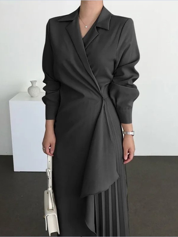 Elegant Shirt Collar Draped Waist Pleated Hem Maxi Dress (Buy 2 Free Shipping)
