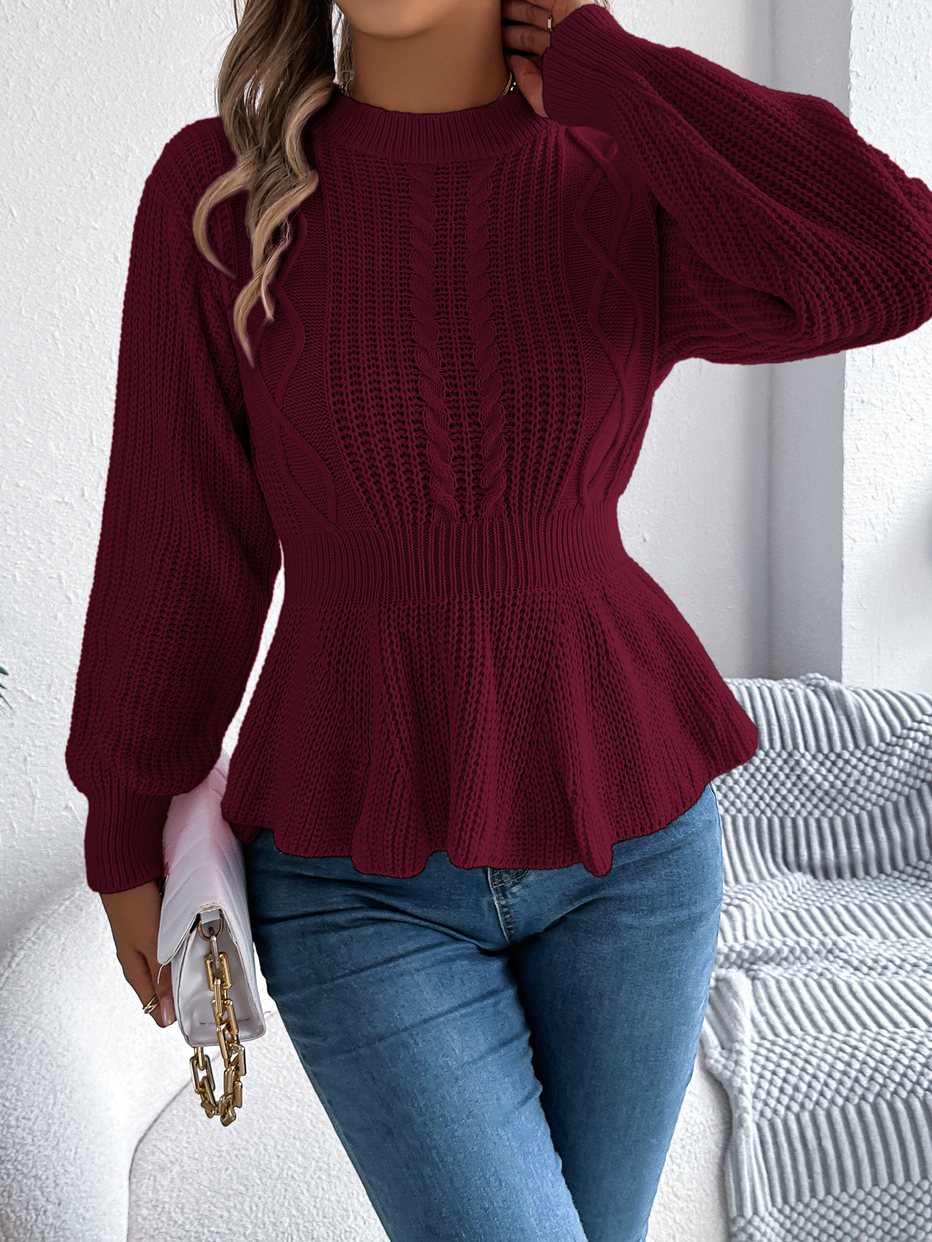 Textured Knit Waist Flare Hem Sweater Top 