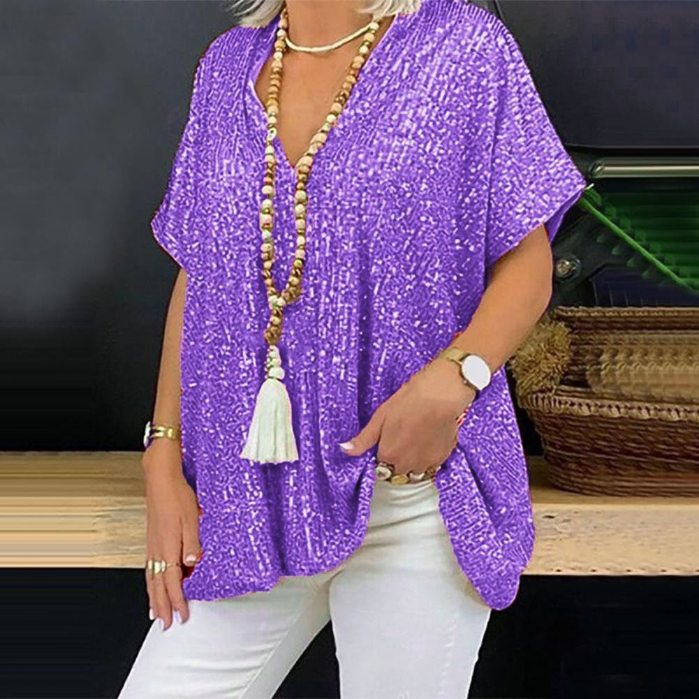 Relaxed Sequin V-Neck Short Sleeve Blouse (Buy 2 Free Shipping)