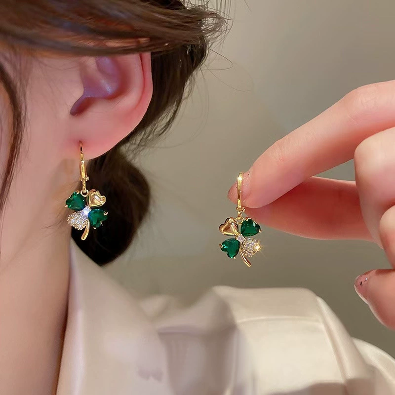 Gold-Plated Green Crystal Clover Earrings with Zircon Accents
