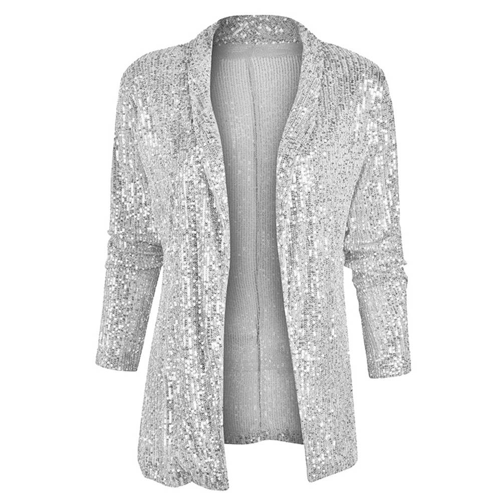 Elegant Sequin Shawl Collar Open Front Blazer Jacket (Buy 2 Free Shipping)
