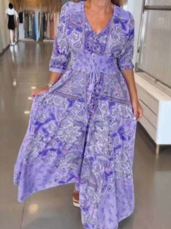 Bohemian Print Maxi Dress Featuring Flowy Silhouette and Smocked Waist