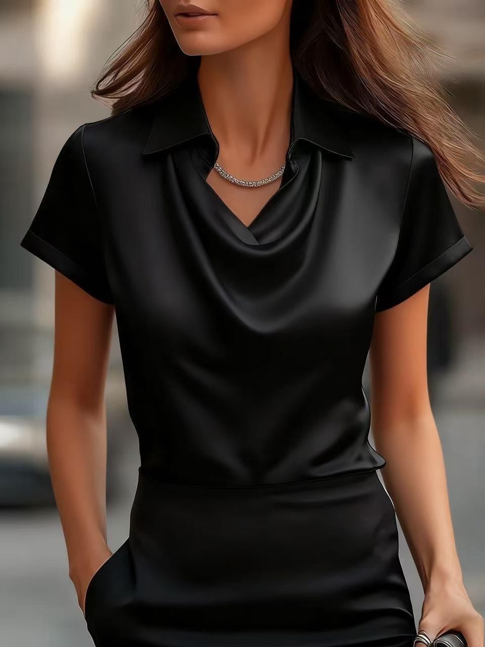 Elegant Cowl Neck Satin Blouse Long Sleeve Draped Top (Buy 2 Free Shipping)