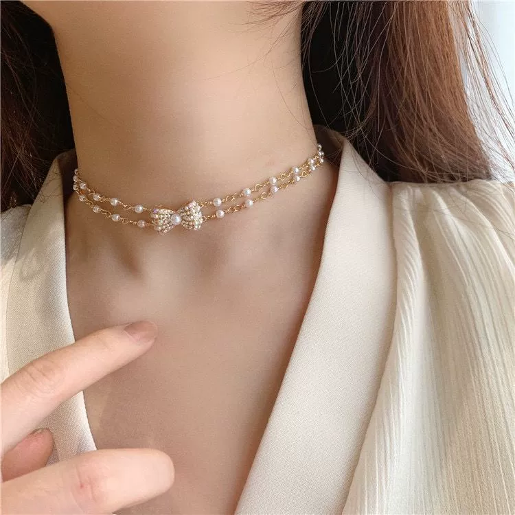 Double Chain Bow Pearl Choker Necklace