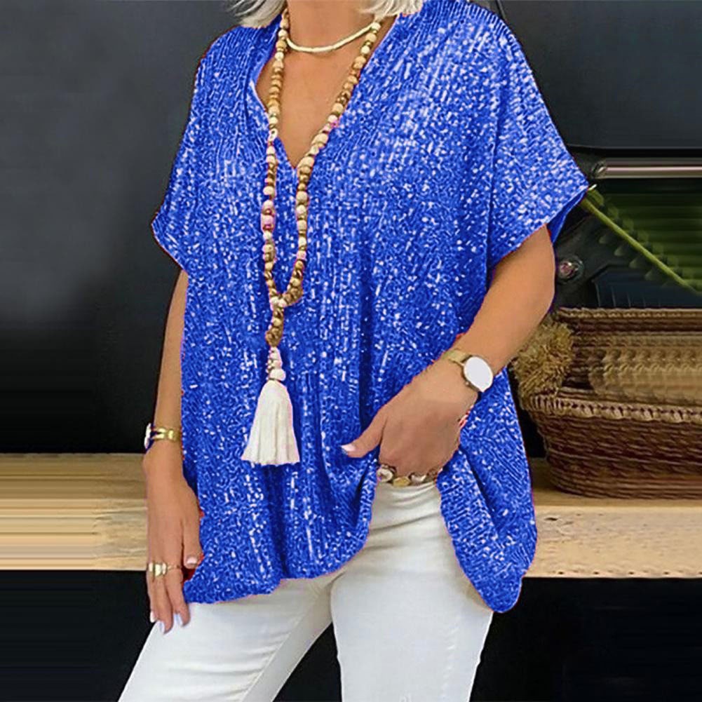 Relaxed Sequin V-Neck Short Sleeve Blouse (Buy 2 Free Shipping)