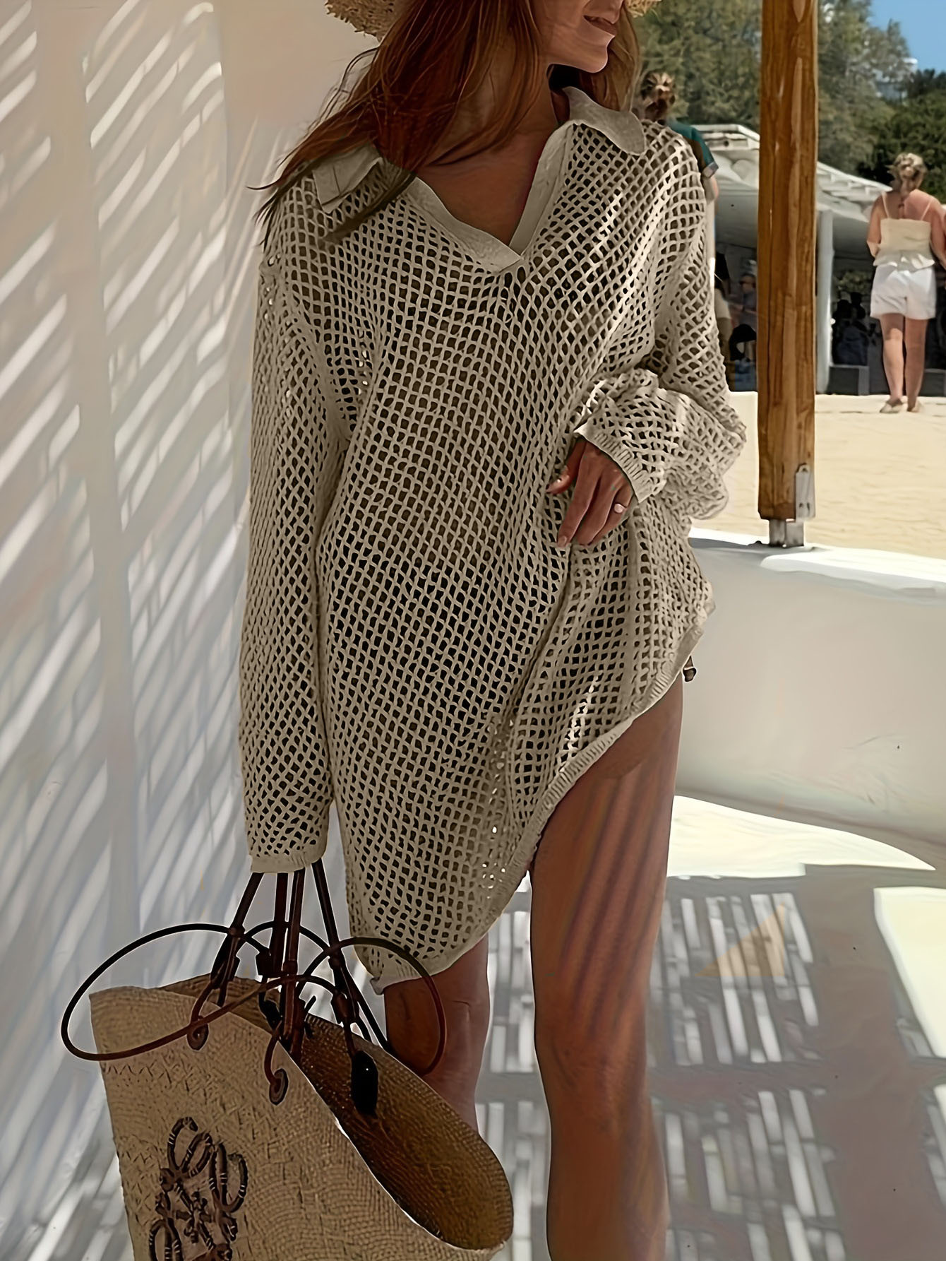 Collared Mesh Knit Long Sleeve Cover Up Dress