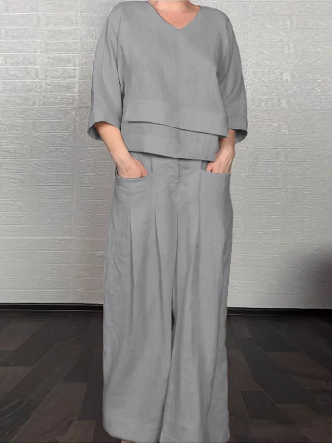 Loose V-Neck Top and Wide-Leg Pants Two Piece Set (Buy 2 Free Shipping)