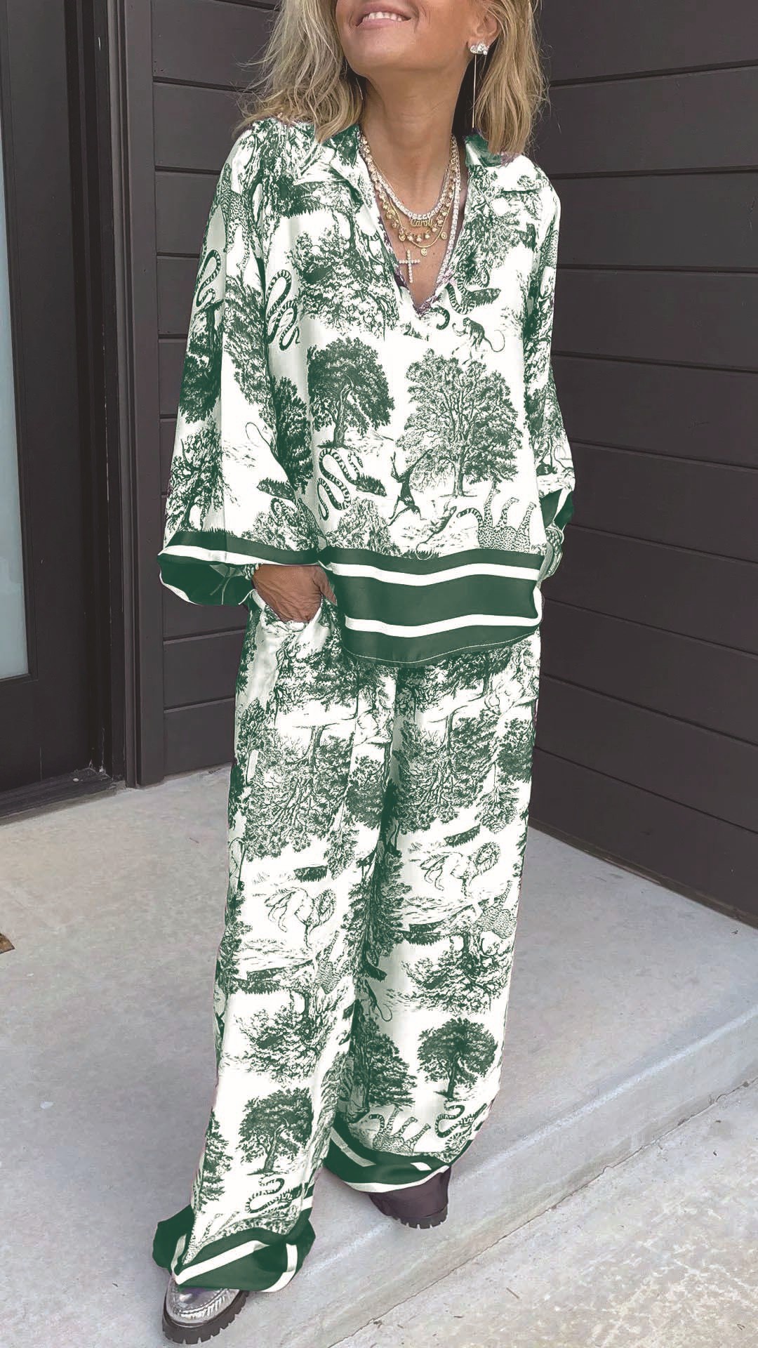 Printed Matching Set with Relaxed Shirt and Wide-Leg Pants