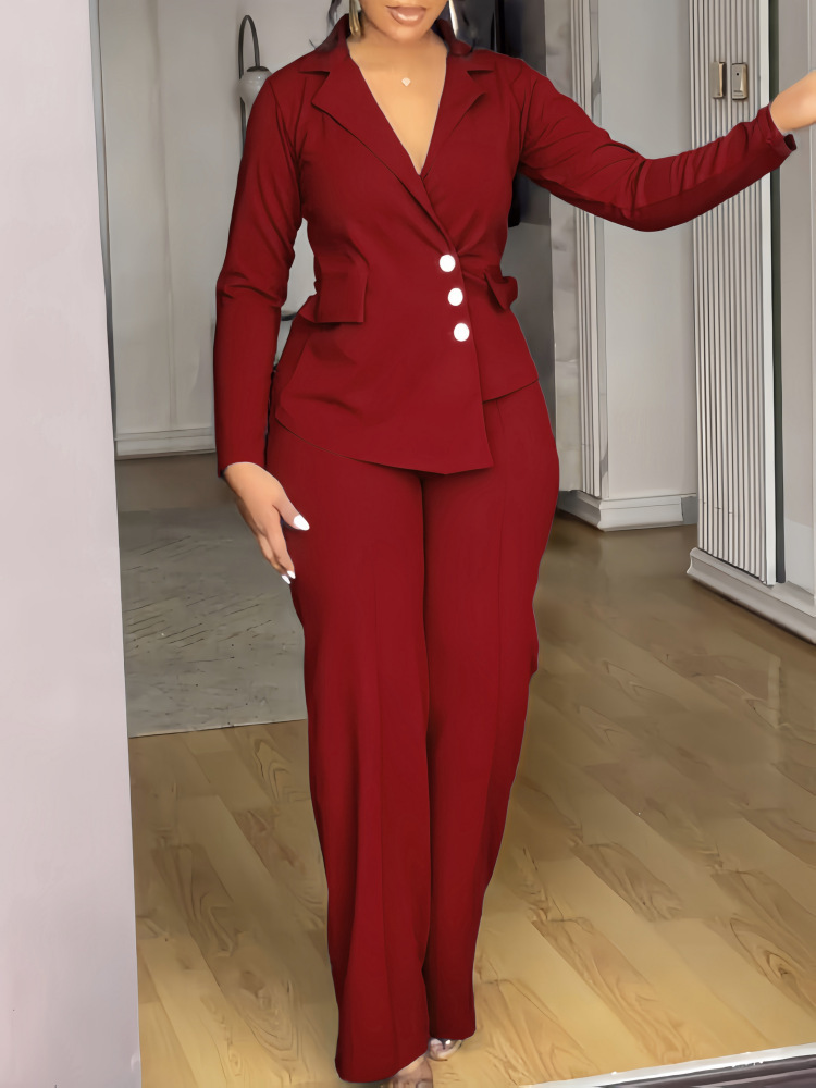 Elegant Blazer & Wide Leg Pants Set with Structured Waist and Asymmetric Hem (Buy 2 Free Shipping)