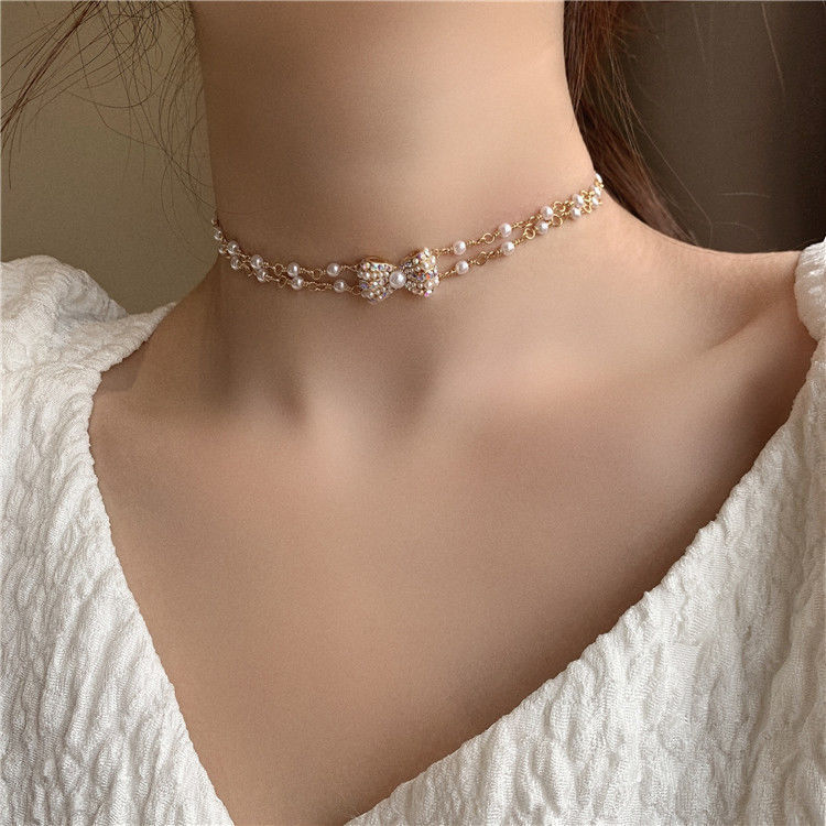 Double Chain Bow Pearl Choker Necklace