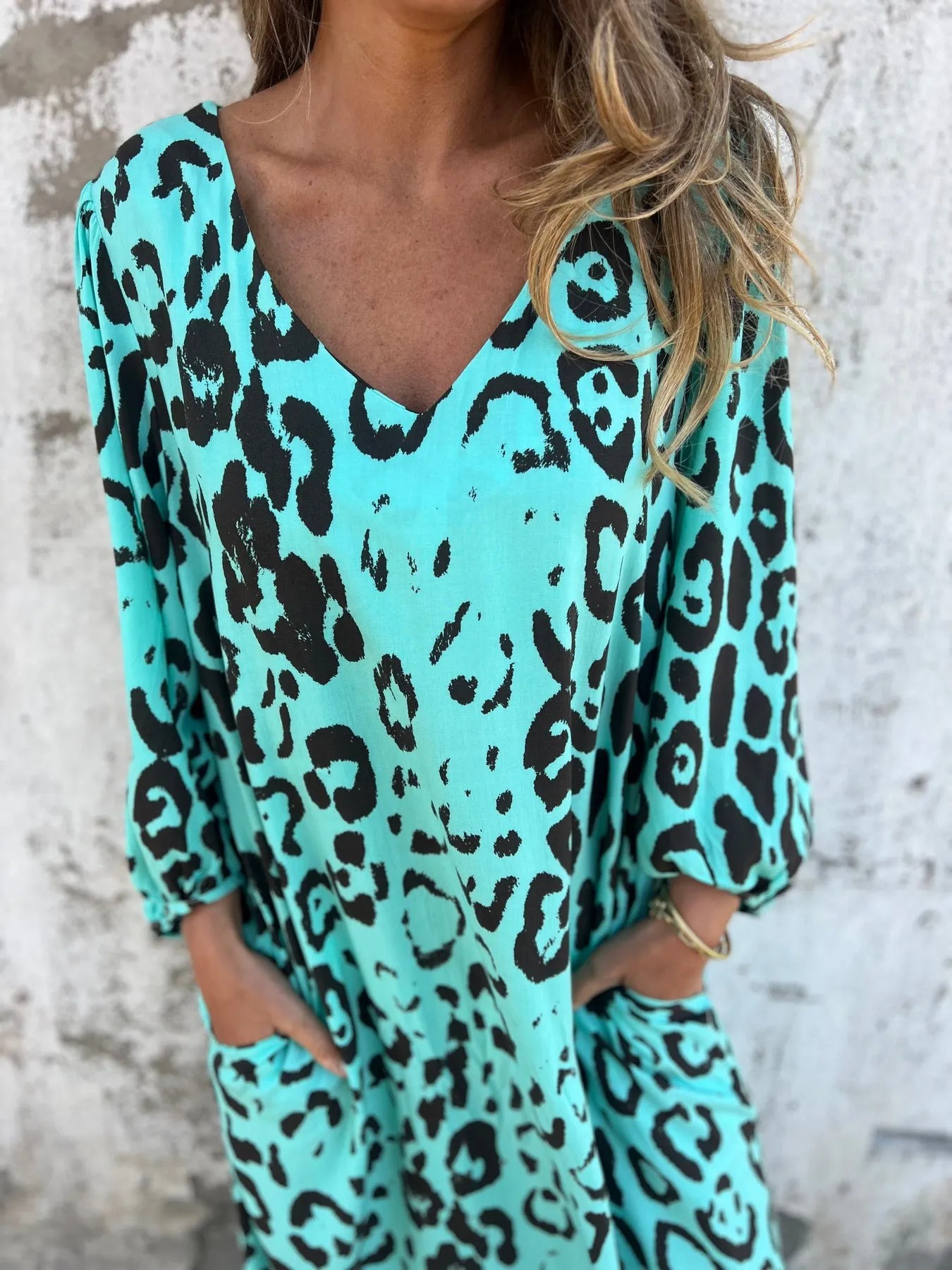 Relaxed V-Neck Leopard Print Maxi Dress (Buy 2 Free Shipping)