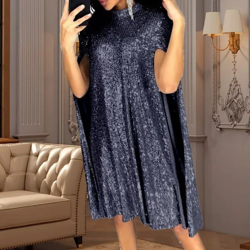 Elegant Sequin Cape Sleeve High Neck Dress (Buy 2 Free Shipping)