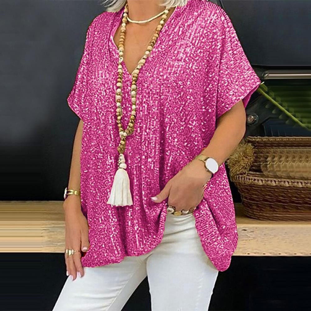 Relaxed Sequin V-Neck Short Sleeve Blouse (Buy 2 Free Shipping)